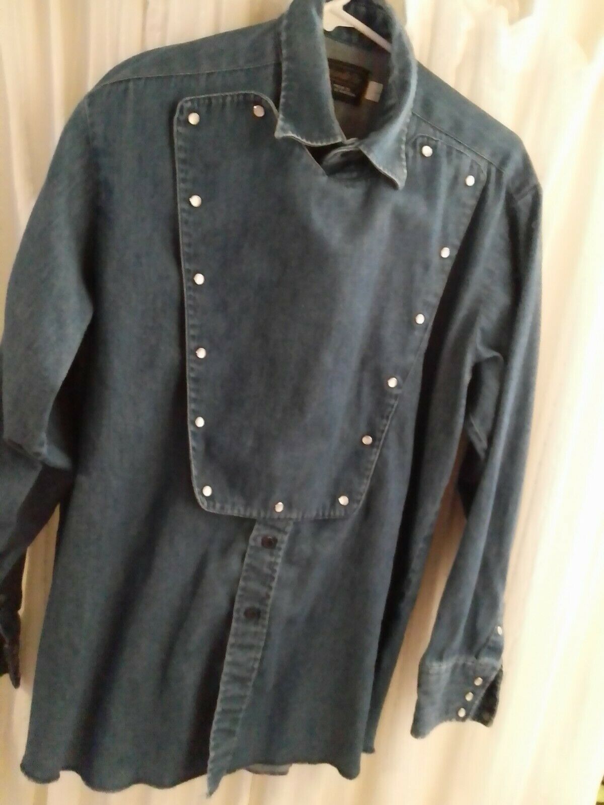 Vintage Panhandle Slim Blue Denim Western Shirt Bib Front Pearl Snaps L Large