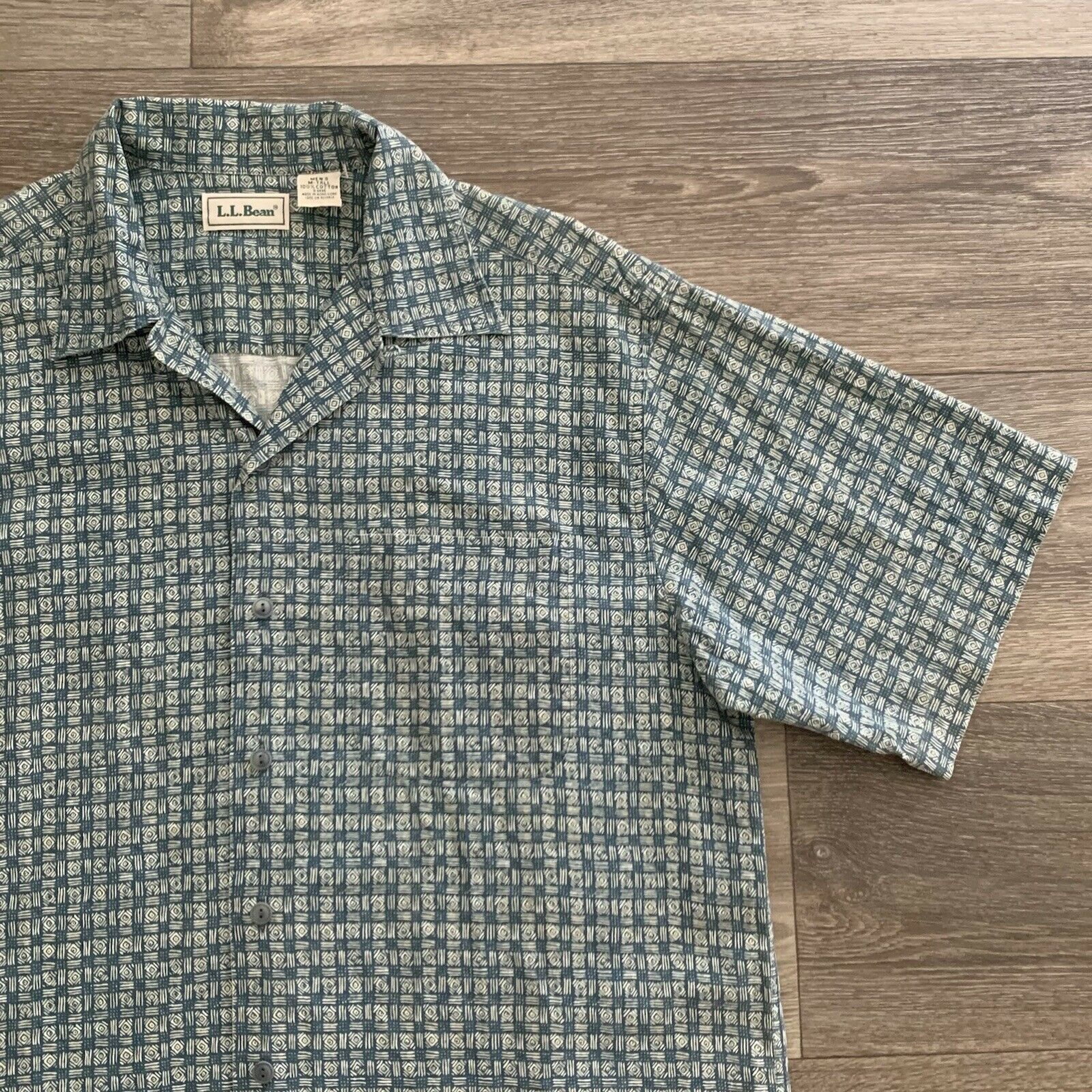 Vintage Ll Bean Green Pattern Open Collar Short Sleeve Shirt Size Large Tall Usa